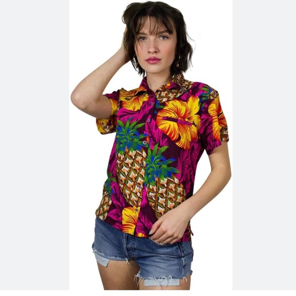 KING KAMEHA Fun Casual Hawaiian Blouse Women's L Pineapples